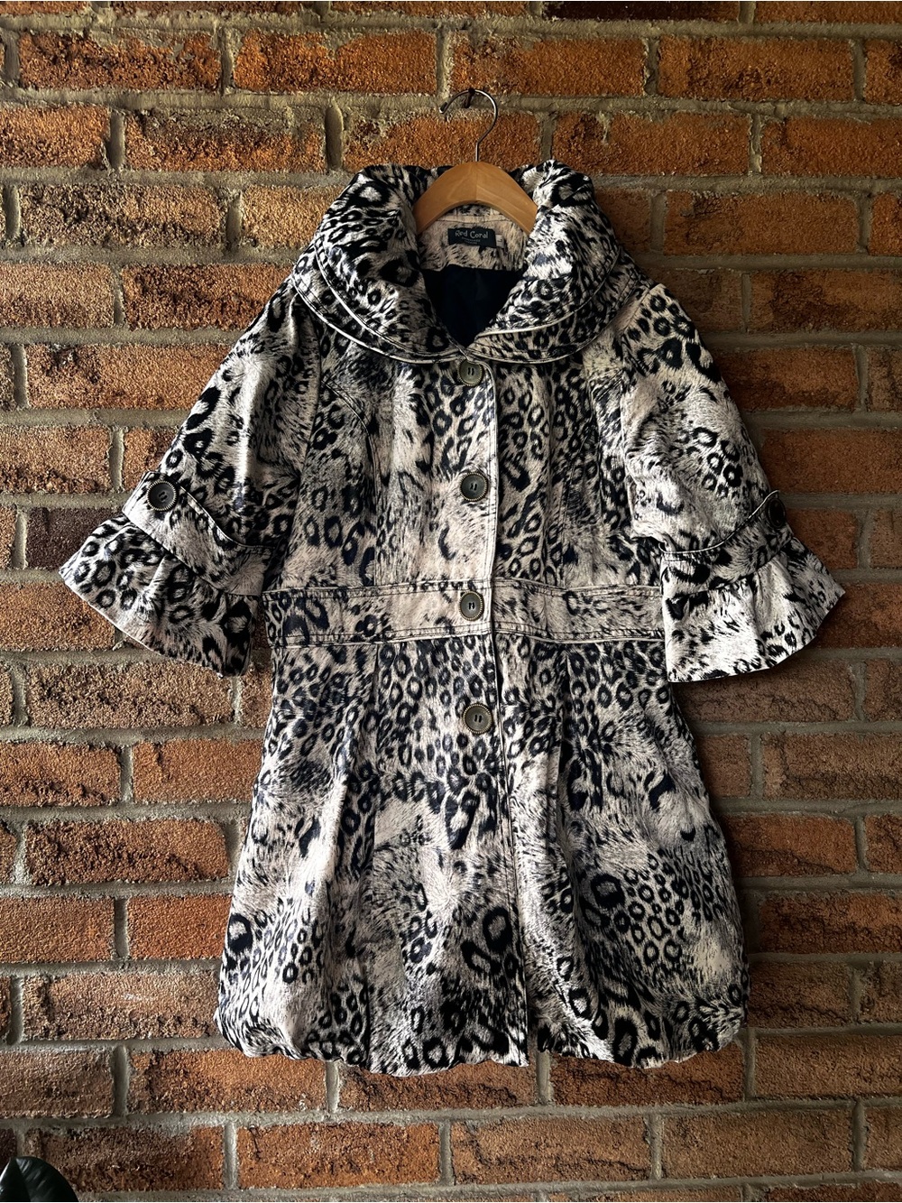 Red Coral Animal Print Leopard Bubble Hem Statement Coat Bell Sleeve L